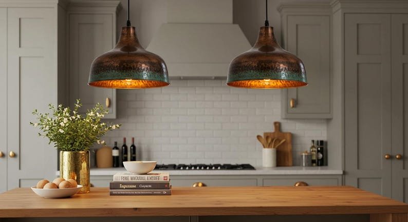 Aged Copper Patina Pendant Light, Handmade Moroccan Copper Dome Chandelier, Rustic Verdigris Kitchen Island Hanging Lamp, Vintage Boho Farmhouse Ceiling Light Fixture