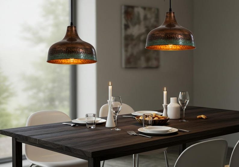 Aged Copper Patina Pendant Light, Handmade Moroccan Copper Dome Chandelier, Rustic Verdigris Kitchen Island Hanging Lamp, Vintage Boho Farmhouse Ceiling Light Fixture