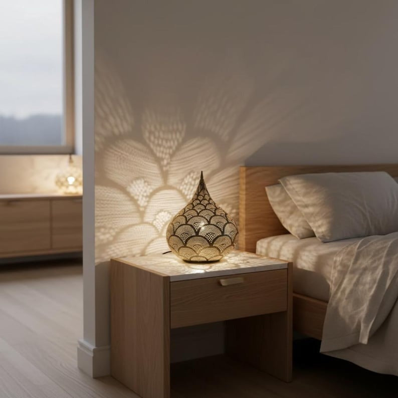 Moroccan Pierced Teardrop Table Lamp, Handmade Brass Scallop Bedside Shadow Lamp, Boho Arabic Nightstand Light, Gold Filigree Decorative Accent Lamp