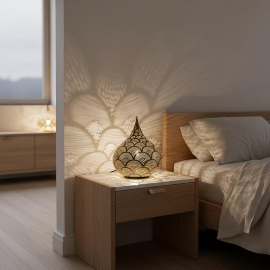 Moroccan Pierced Teardrop Table Lamp, Handmade Brass Scallop Bedside Shadow Lamp, Boho Arabic Nightstand Light, Gold Filigree Decorative Accent Lamp