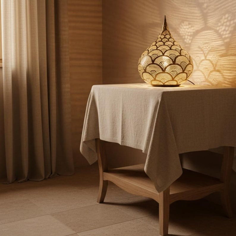 Moroccan Pierced Teardrop Table Lamp, Handmade Brass Scallop Bedside Shadow Lamp, Boho Arabic Nightstand Light, Gold Filigree Decorative Accent Lamp