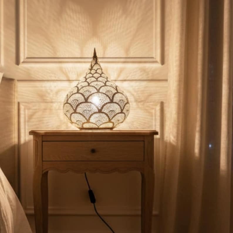 Moroccan Pierced Teardrop Table Lamp, Handmade Brass Scallop Bedside Shadow Lamp, Boho Arabic Nightstand Light, Gold Filigree Decorative Accent Lamp