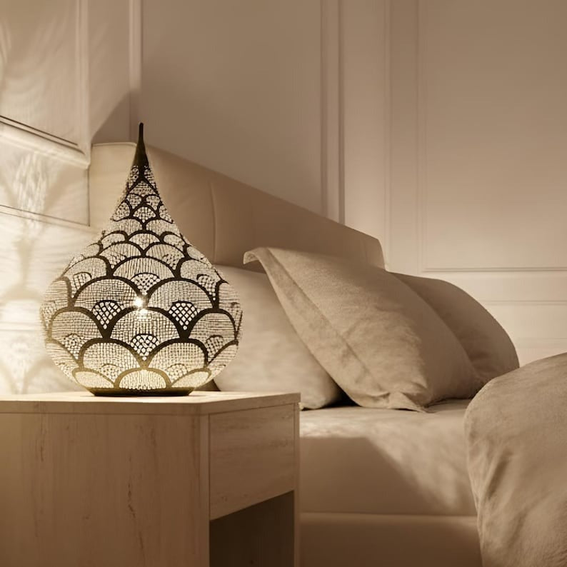 Moroccan Pierced Teardrop Table Lamp, Handmade Brass Scallop Bedside Shadow Lamp, Boho Arabic Nightstand Light, Gold Filigree Decorative Accent Lamp