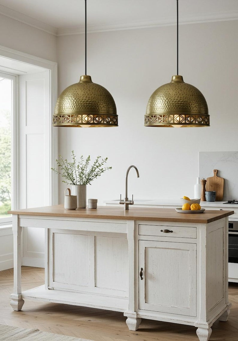 Hammered Brass Dome Pendant Light – Moroccan Geometric Cutout Kitchen Island Chandelier