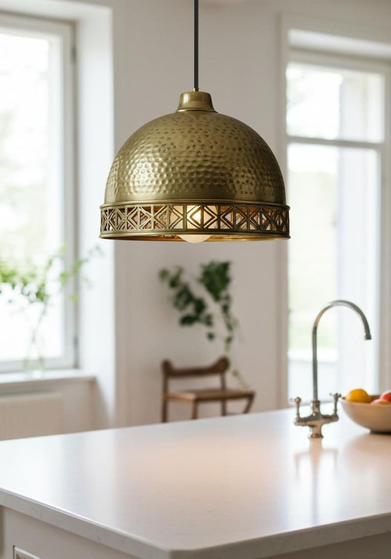 Hammered Brass Dome Pendant Light – Moroccan Geometric Cutout Kitchen Island Chandelier