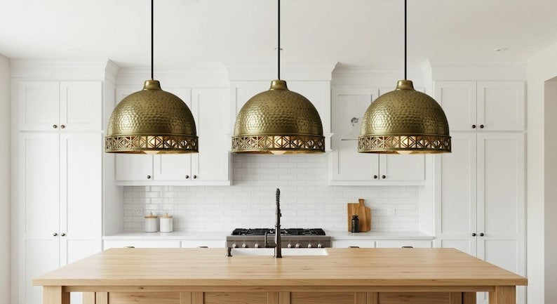 Hammered Brass Dome Pendant Light – Moroccan Geometric Cutout Kitchen Island Chandelier