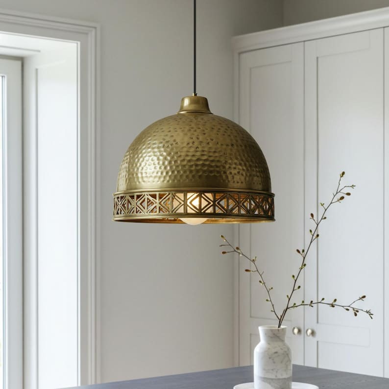 Hammered Brass Dome Pendant Light – Moroccan Geometric Cutout Kitchen Island Chandelier