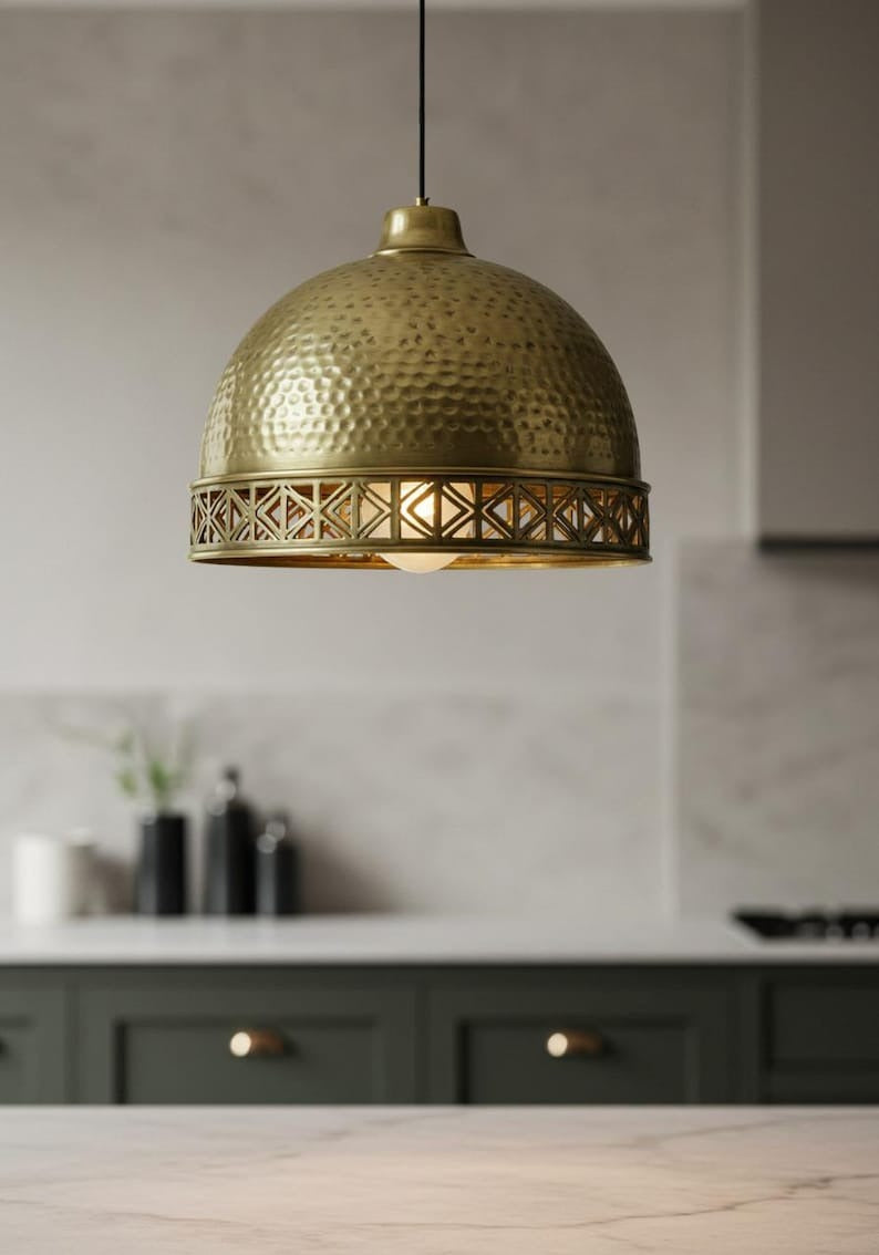 Hammered Brass Dome Pendant Light – Moroccan Geometric Cutout Kitchen Island Chandelier