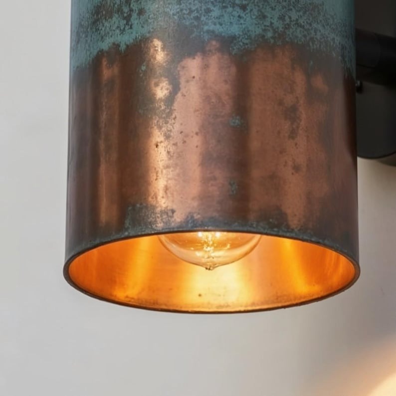 Patinated Copper Finish Brass Wall Sconce – Handmade Cylindrical Up and Down Wall Light with Verdigris Finish for Bathroom, Hallway, Entryway, Patio and Rustic Décor