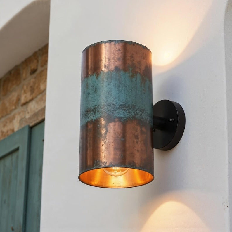 Patinated Copper Finish Brass Wall Sconce – Handmade Cylindrical Up and Down Wall Light with Verdigris Finish for Bathroom, Hallway, Entryway, Patio and Rustic Décor