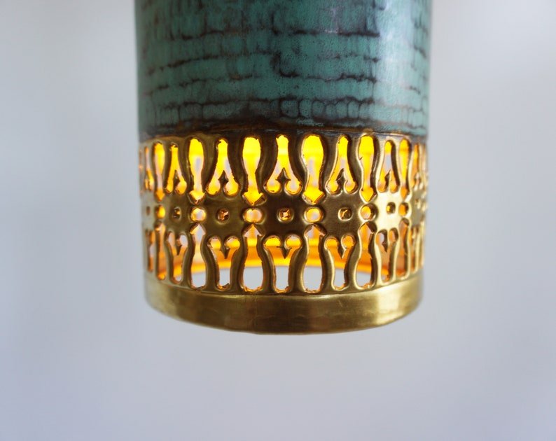 Turquoise Patina Brass Cylinder Pendant Light, Handmade Moroccan Pierced Hanging Lamp, Rustic Verdigris Kitchen Island Chandelier, Boho Farmhouse Ceiling Light Fixture