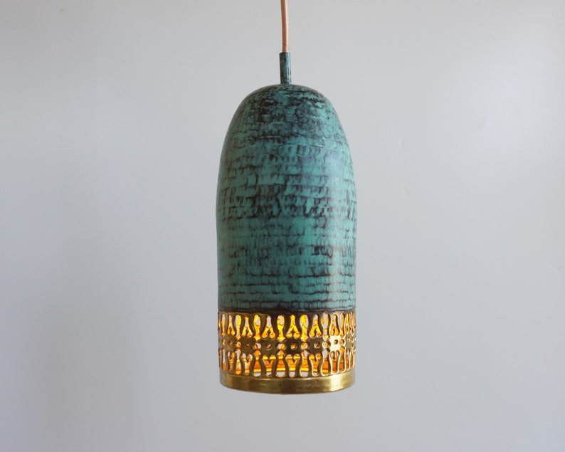 Turquoise Patina Brass Cylinder Pendant Light, Handmade Moroccan Pierced Hanging Lamp, Rustic Verdigris Kitchen Island Chandelier, Boho Farmhouse Ceiling Light Fixture