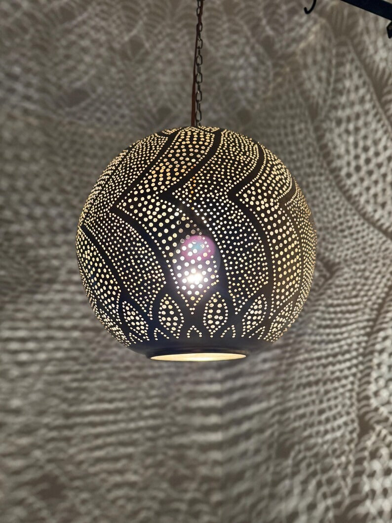 Moroccan Pierced Globe Pendant Light, Handmade Moorish Wave Pattern Hanging Lamp, Boho Arabic Shadow Chandelier, Rustic Black Metal Ceiling Light Fixture