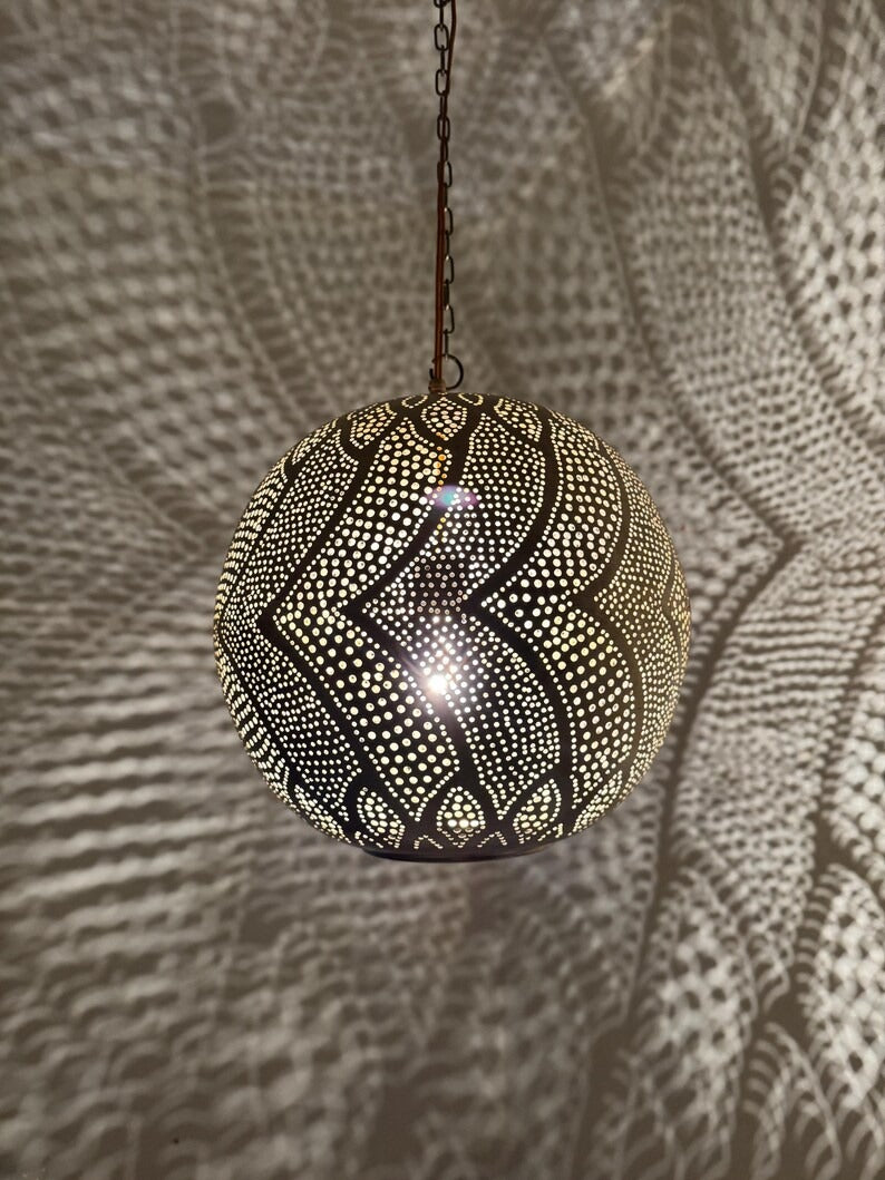 Moroccan Pierced Globe Pendant Light, Handmade Moorish Wave Pattern Hanging Lamp, Boho Arabic Shadow Chandelier, Rustic Black Metal Ceiling Light Fixture