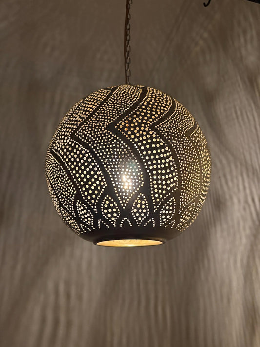 Moroccan Pierced Globe Pendant Light, Handmade Moorish Wave Pattern Hanging Lamp, Boho Arabic Shadow Chandelier, Rustic Black Metal Ceiling Light Fixture