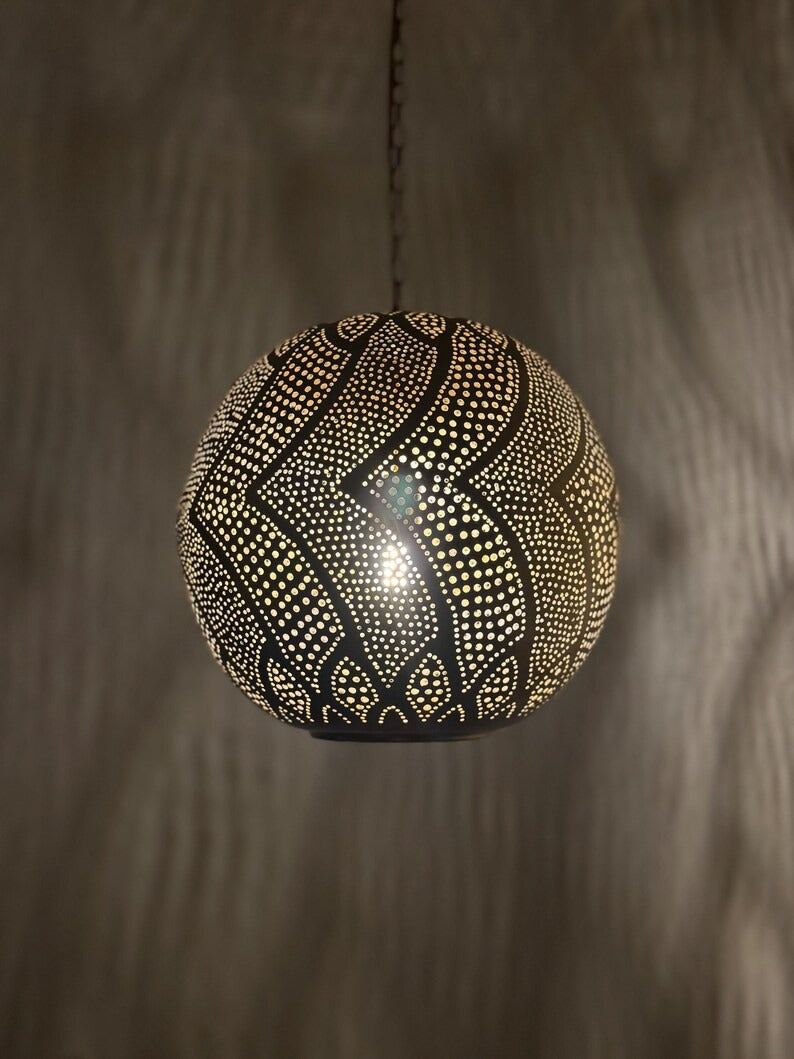 Moroccan Pierced Globe Pendant Light, Handmade Moorish Wave Pattern Hanging Lamp, Boho Arabic Shadow Chandelier, Rustic Black Metal Ceiling Light Fixture