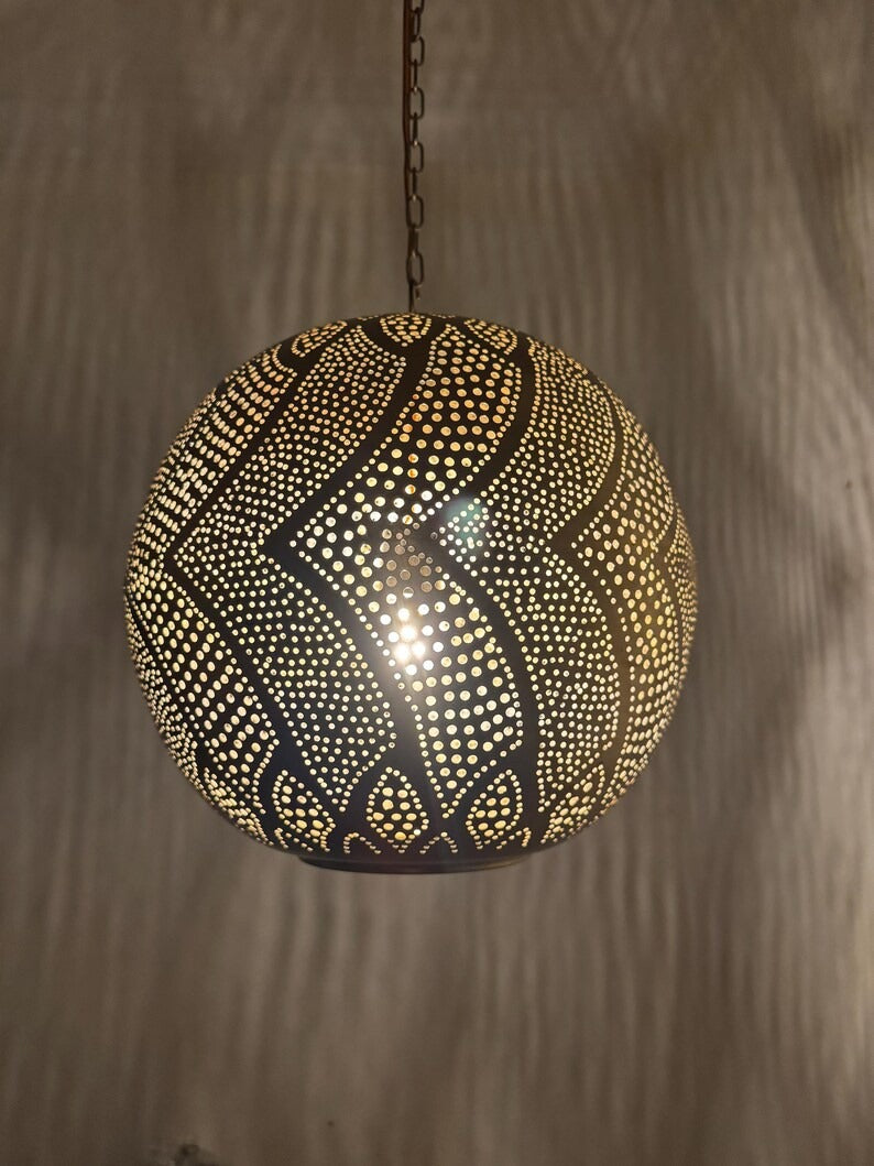 Moroccan Pierced Globe Pendant Light, Handmade Moorish Wave Pattern Hanging Lamp, Boho Arabic Shadow Chandelier, Rustic Black Metal Ceiling Light Fixture