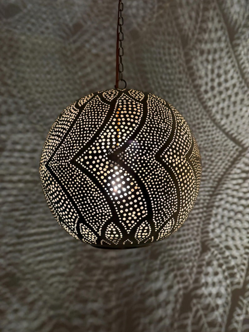 Moroccan Pierced Globe Pendant Light, Handmade Moorish Wave Pattern Hanging Lamp, Boho Arabic Shadow Chandelier, Rustic Black Metal Ceiling Light Fixture