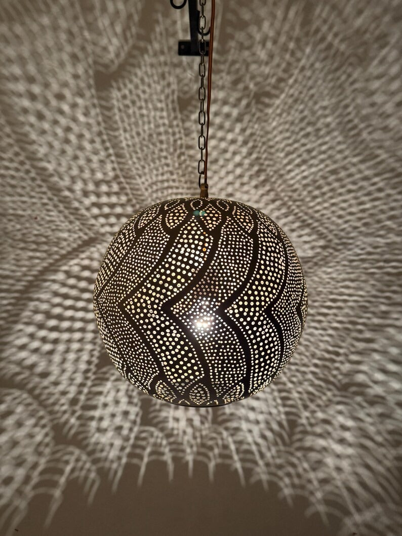Moroccan Pierced Globe Pendant Light, Handmade Moorish Wave Pattern Hanging Lamp, Boho Arabic Shadow Chandelier, Rustic Black Metal Ceiling Light Fixture