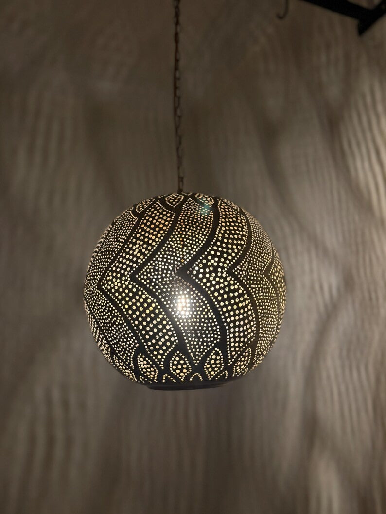 Moroccan Pierced Globe Pendant Light, Handmade Moorish Wave Pattern Hanging Lamp, Boho Arabic Shadow Chandelier, Rustic Black Metal Ceiling Light Fixture