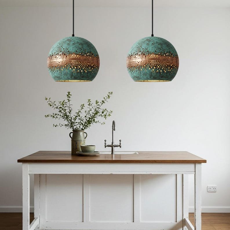 Green Patina Copper Globe Pendant Light, Handmade Moroccan Perforated Copper Dome Chandelier, Blue Verdigris Kitchen Island Hanging Lamp, Rustic Boho Farmhouse Ceiling Light Fixture