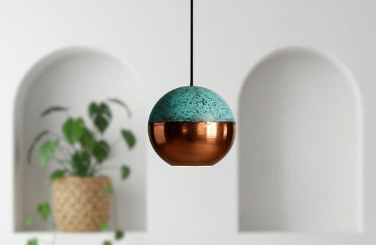 Handmade Moroccan Brass Globe Pendant Light – Polished Copper Brass Hanging Lamp with Turquoise Patina Top, Warm Gold Interior Orb Ceiling Light for Kitchen Island, Dining Room, Bedroom & Entryway
