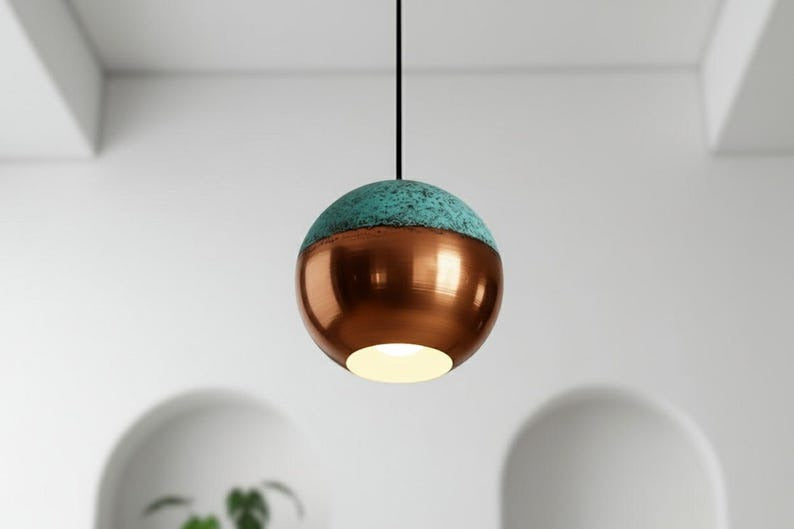 Handmade Moroccan Brass Globe Pendant Light – Polished Copper Brass Hanging Lamp with Turquoise Patina Top, Warm Gold Interior Orb Ceiling Light for Kitchen Island, Dining Room, Bedroom & Entryway