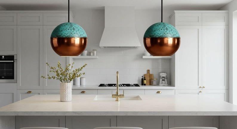 Handmade Moroccan Brass Globe Pendant Light – Polished Copper Brass Hanging Lamp with Turquoise Patina Top, Warm Gold Interior Orb Ceiling Light for Kitchen Island, Dining Room, Bedroom & Entryway