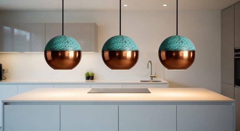 Handmade Moroccan Brass Globe Pendant Light – Polished Copper Brass Hanging Lamp with Turquoise Patina Top, Warm Gold Interior Orb Ceiling Light for Kitchen Island, Dining Room, Bedroom & Entryway
