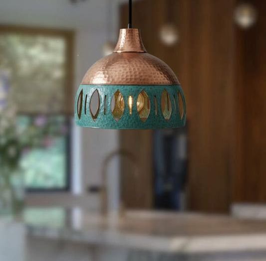 Handmade Copper & Green Patina Brass Pendant Light – Moroccan Dome Hanging Lamp with Leaf Cutout Band for Kitchen Island, Dining Room & Boho Home Décor