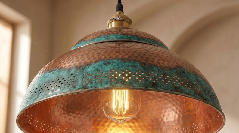Handmade Moroccan Brass Pendant Light – Hammered Dome Ceiling Lamp with Verdigris Patina, Copper Interior & Pierced Artisan Details