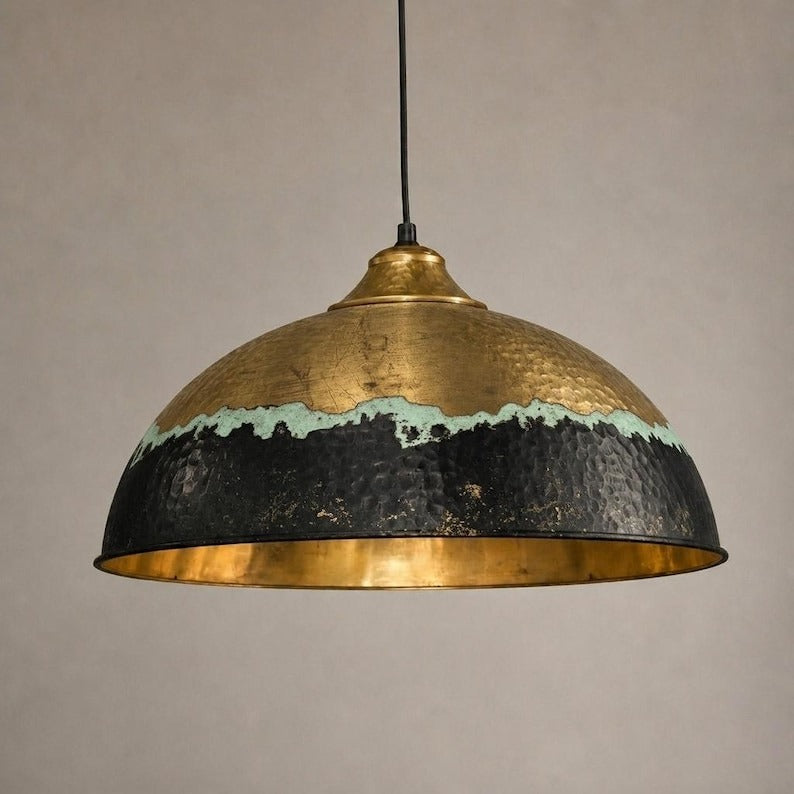 Set of 3 Handmade Moroccan Brass Pendant Lights – Hammered Antique Gold, Black & Turquoise Patina Dome Ceiling Lamps, Kitchen Island & Dining Room Lighting