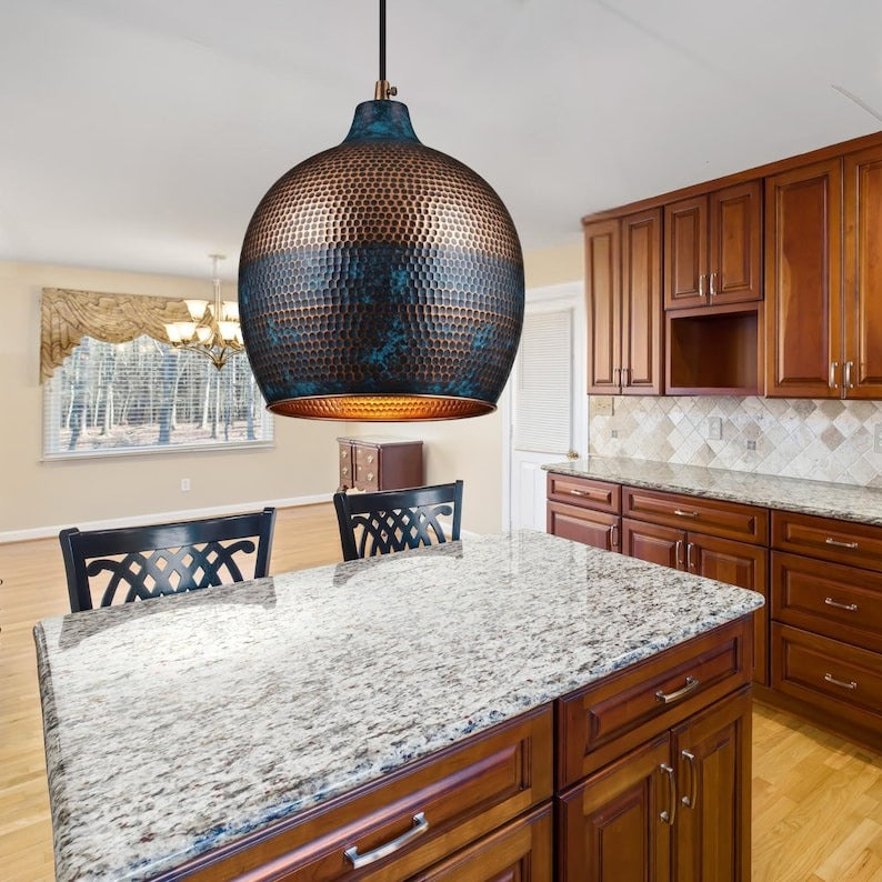 Handmade Moroccan Brass Globe Pendant Light – Hammered Copper and Deep Blue Patina Hanging Lamp with Warm Gold Interior for Kitchen Island, Dining Room & Living Room