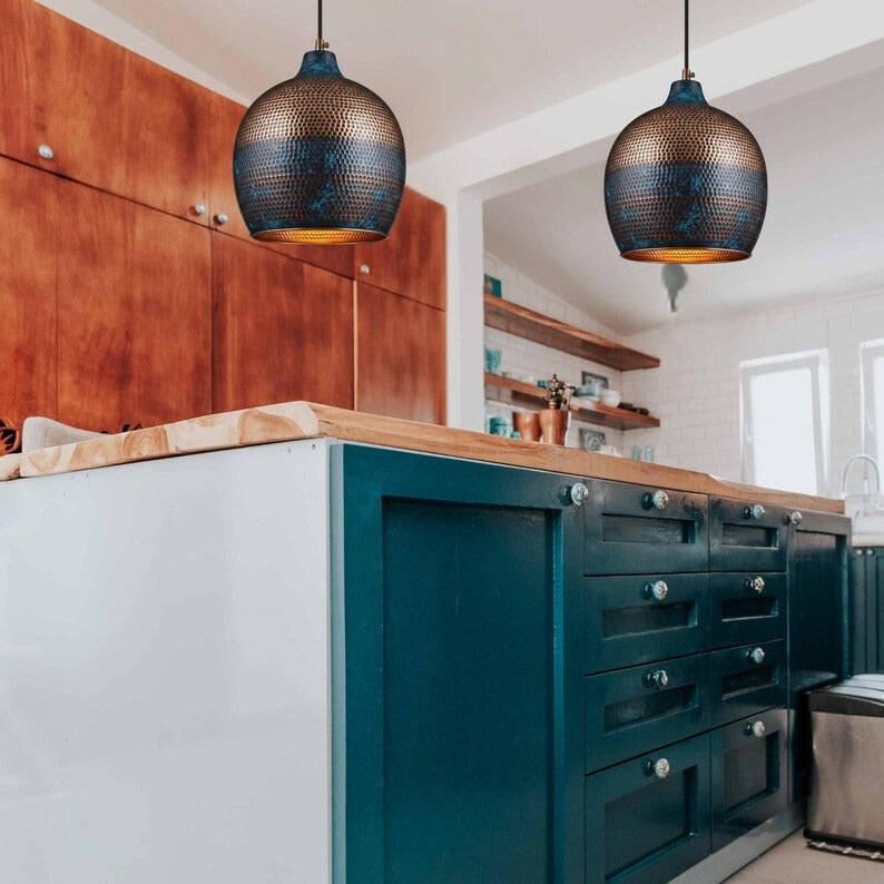 Handmade Moroccan Brass Globe Pendant Light – Hammered Copper and Deep Blue Patina Hanging Lamp with Warm Gold Interior for Kitchen Island, Dining Room & Living Room