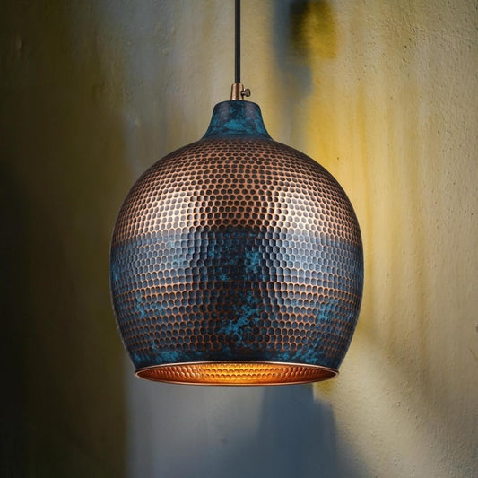 Handmade Moroccan Brass Globe Pendant Light – Hammered Copper and Deep Blue Patina Hanging Lamp with Warm Gold Interior for Kitchen Island, Dining Room & Living Room