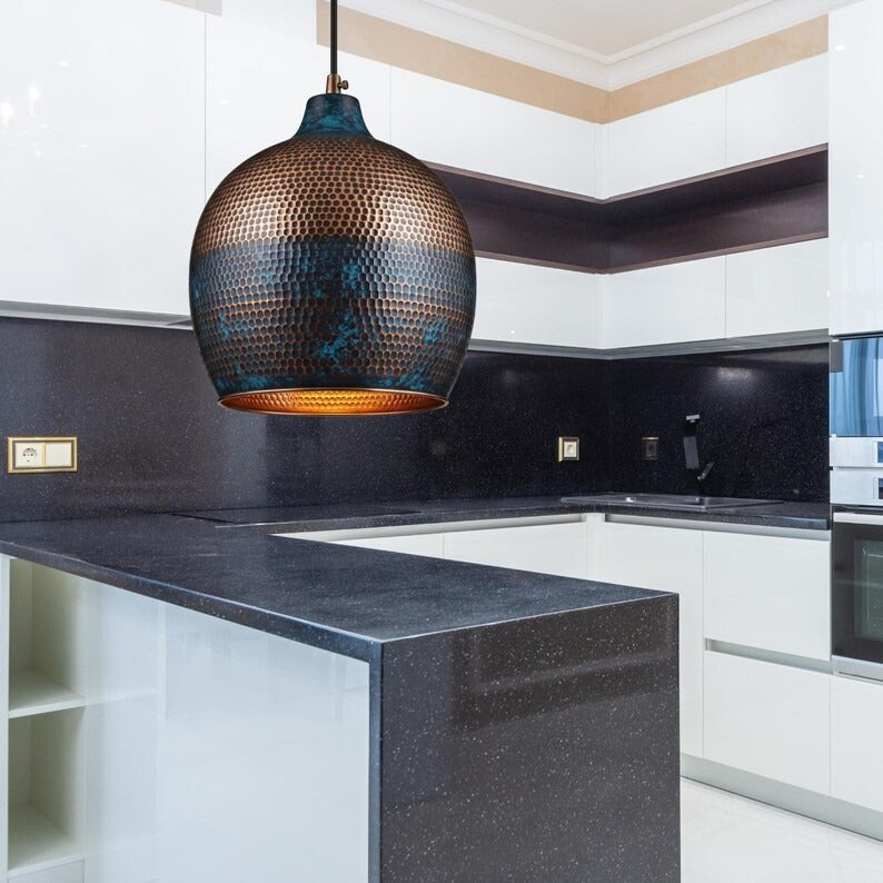 Handmade Moroccan Brass Globe Pendant Light – Hammered Copper and Deep Blue Patina Hanging Lamp with Warm Gold Interior for Kitchen Island, Dining Room & Living Room