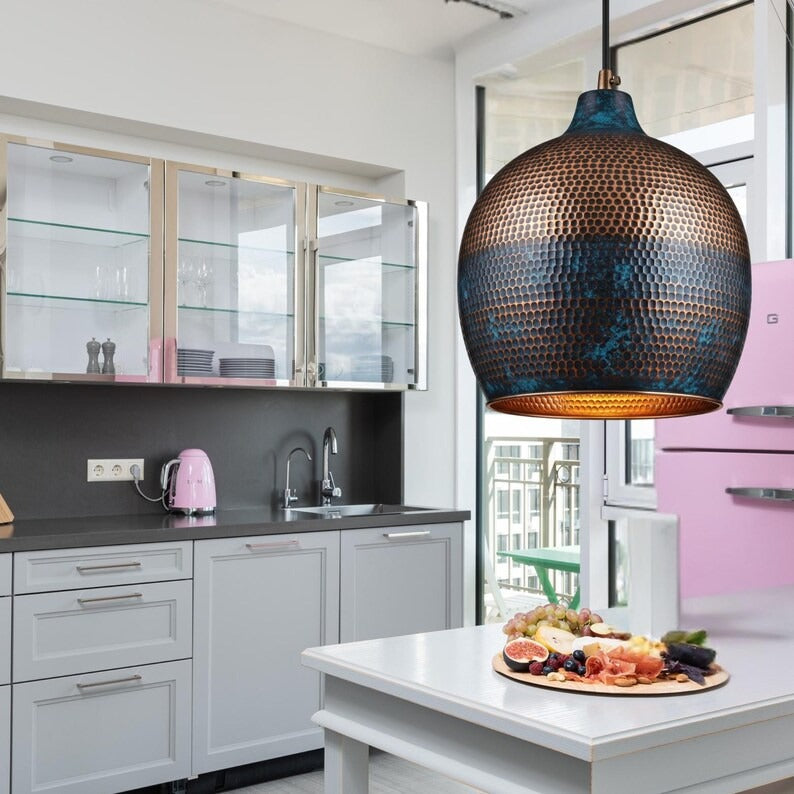 Handmade Moroccan Brass Globe Pendant Light – Hammered Copper and Deep Blue Patina Hanging Lamp with Warm Gold Interior for Kitchen Island, Dining Room & Living Room