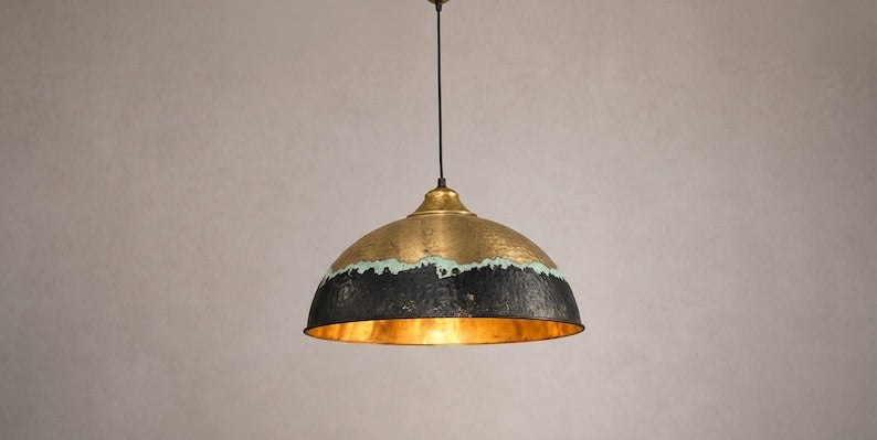 Handmade Moroccan Brass Pendant Light – Hammered Antique Gold, Black & Turquoise Patina Dome Ceiling Lamp, Kitchen Island & Dining Room Lighting