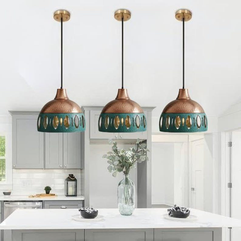 Handmade Copper & Green Patina Brass Pendant Light – Moroccan Dome Hanging Lamp with Leaf Cutout Band for Kitchen Island, Dining Room & Boho Home Décor