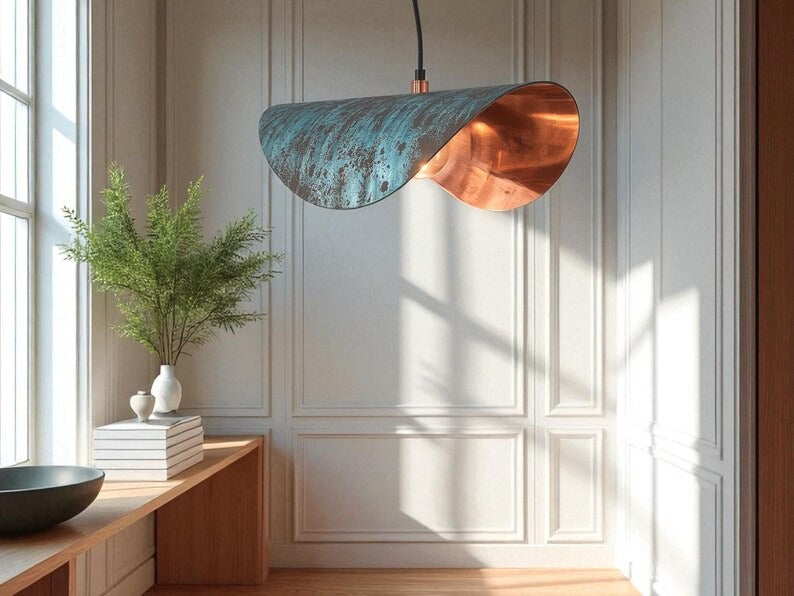 Handmade Verdigris Brass Pendant Light – Sculptural Folded Ribbon Hanging Lamp with Copper Interior for Kitchen Island, Dining Room, Entryway and Modern Luxury Décor