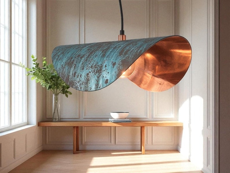 Handmade Verdigris Brass Pendant Light – Sculptural Folded Ribbon Hanging Lamp with Copper Interior for Kitchen Island, Dining Room, Entryway and Modern Luxury Décor