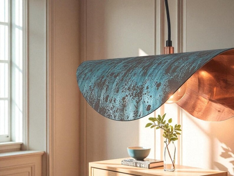 Handmade Verdigris Brass Pendant Light – Sculptural Folded Ribbon Hanging Lamp with Copper Interior for Kitchen Island, Dining Room, Entryway and Modern Luxury Décor