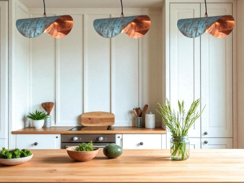 Handmade Verdigris Brass Pendant Light – Sculptural Folded Ribbon Hanging Lamp with Copper Interior for Kitchen Island, Dining Room, Entryway and Modern Luxury Décor