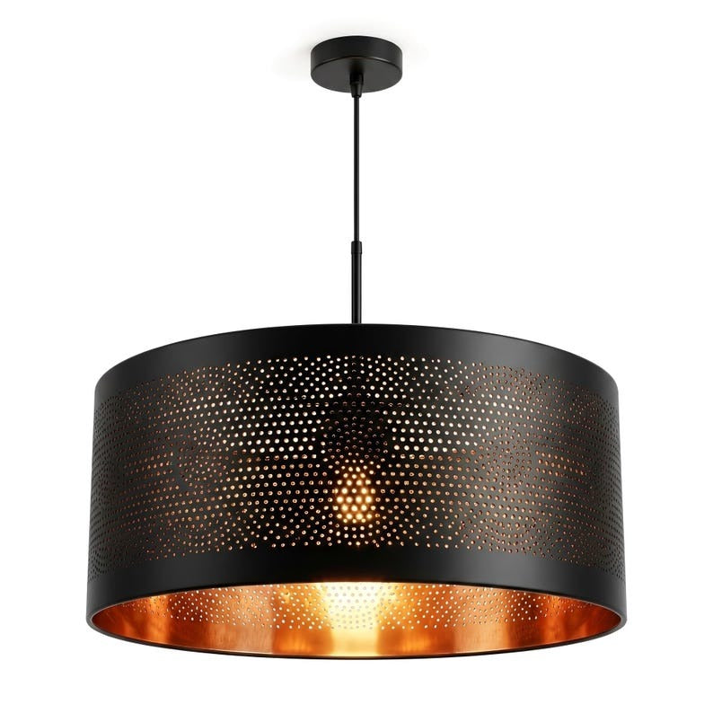 Handmade Moroccan Brass Drum Pendant Light – Black Perforated Brass Hanging Lamp with Warm Copper Interior, Modern Boho Ceiling Light for Kitchen Island, Dining Room & Living Room