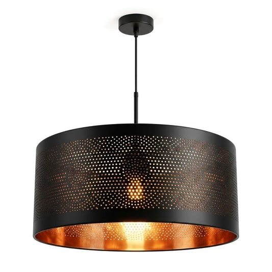 Handmade Moroccan Brass Drum Pendant Light – Black Perforated Brass Hanging Lamp with Warm Copper Interior, Modern Boho Ceiling Light for Kitchen Island, Dining Room & Living Room