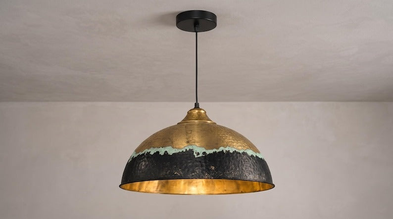 Handmade Moroccan Brass Pendant Light – Hammered Antique Gold, Black & Turquoise Patina Dome Ceiling Lamp, Kitchen Island & Dining Room Lighting