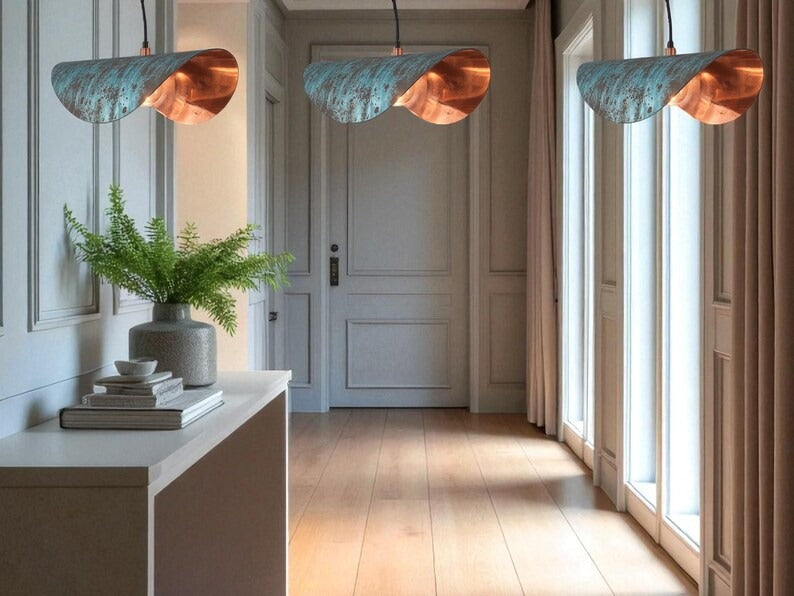 Handmade Verdigris Brass Pendant Light – Sculptural Folded Ribbon Hanging Lamp with Copper Interior for Kitchen Island, Dining Room, Entryway and Modern Luxury Décor