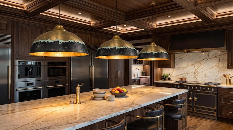 Set of 3 Handmade Moroccan Brass Pendant Lights – Hammered Antique Gold, Black & Turquoise Patina Dome Ceiling Lamps, Kitchen Island & Dining Room Lighting