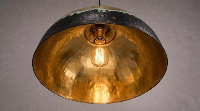 Handmade Moroccan Brass Pendant Light – Hammered Antique Gold, Black & Turquoise Patina Dome Ceiling Lamp, Kitchen Island & Dining Room Lighting