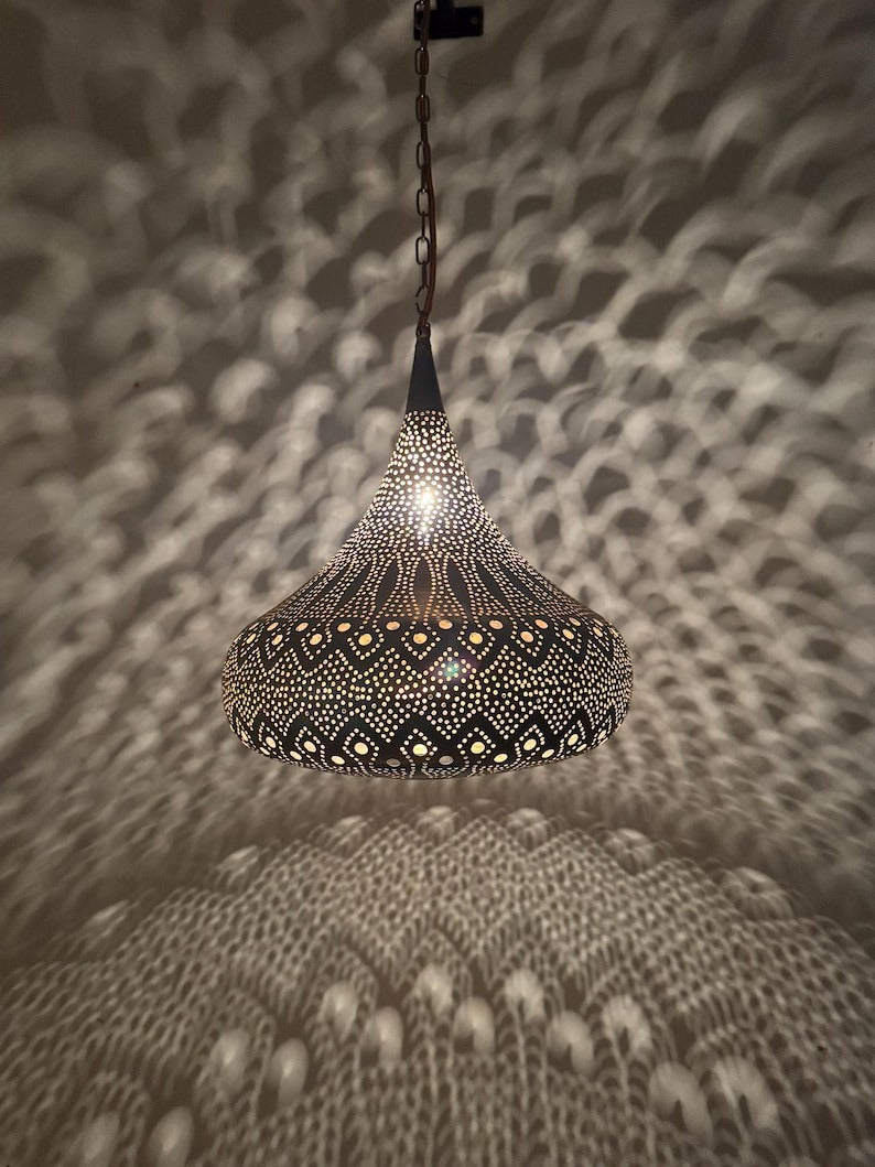 Moroccan Pierced Onion Pendant Light, Handmade Moorish Filigree Shadow Lamp, Boho Arabic Hanging Lantern, Rustic Metal Ceiling Chandelier